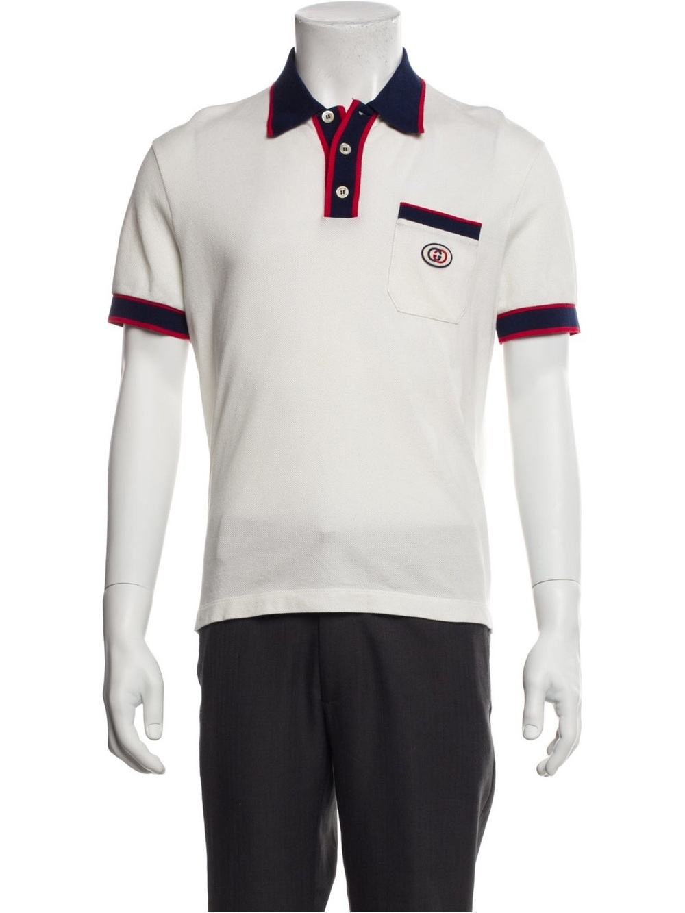 Gucci Men’s Pique Cotton Polo Shirt - White with Navy & Red Trim - Size XL